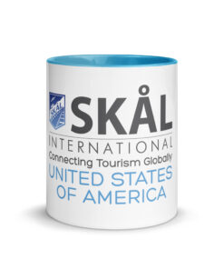 Skål International Logo Coffee Mug – White Ceramic with Blue Interior, Premium 11oz / 15oz